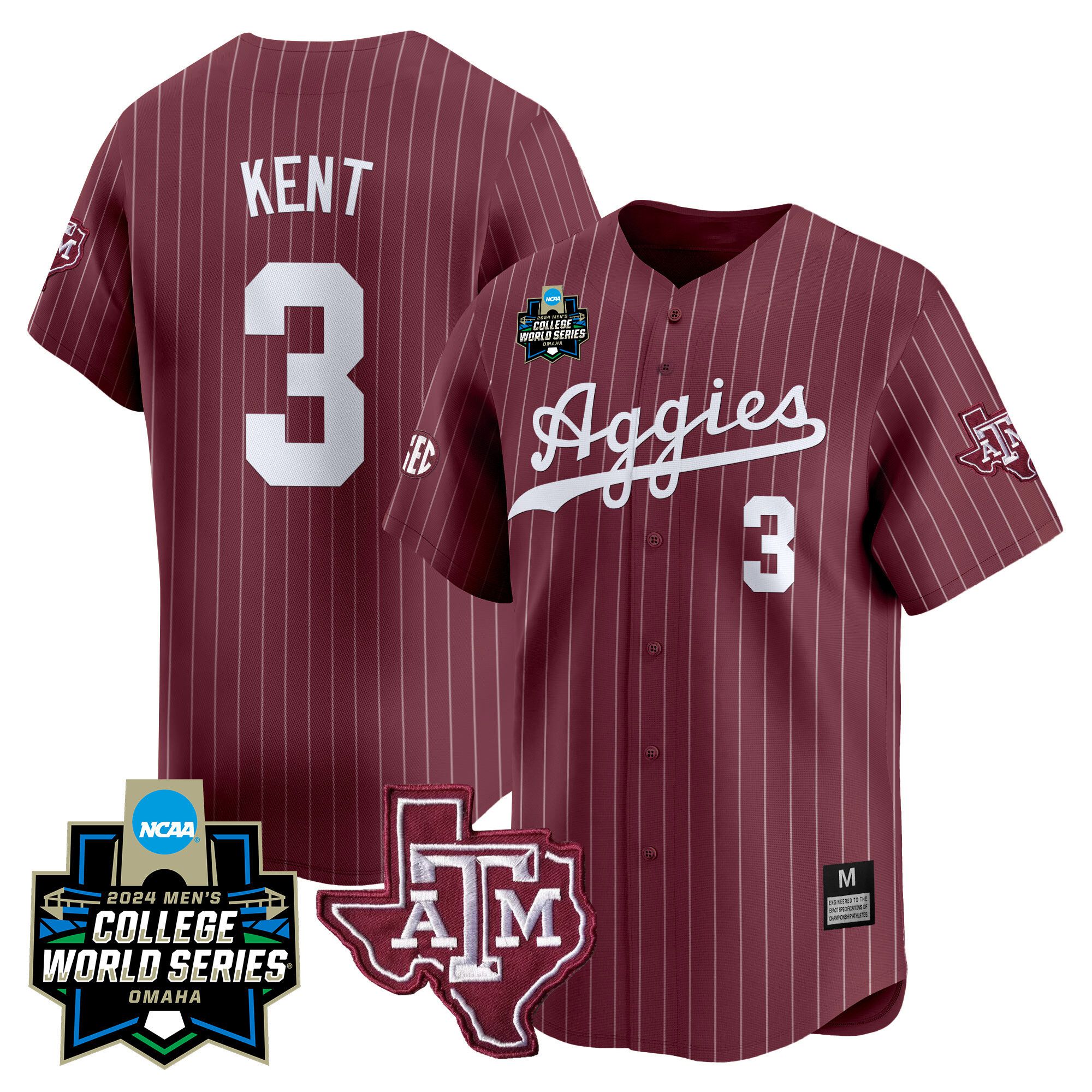Men Texas A&M Aggies #3 Kent Red Stripe 2024 College World Series Vapor Premier Limited NCAA Jersey
